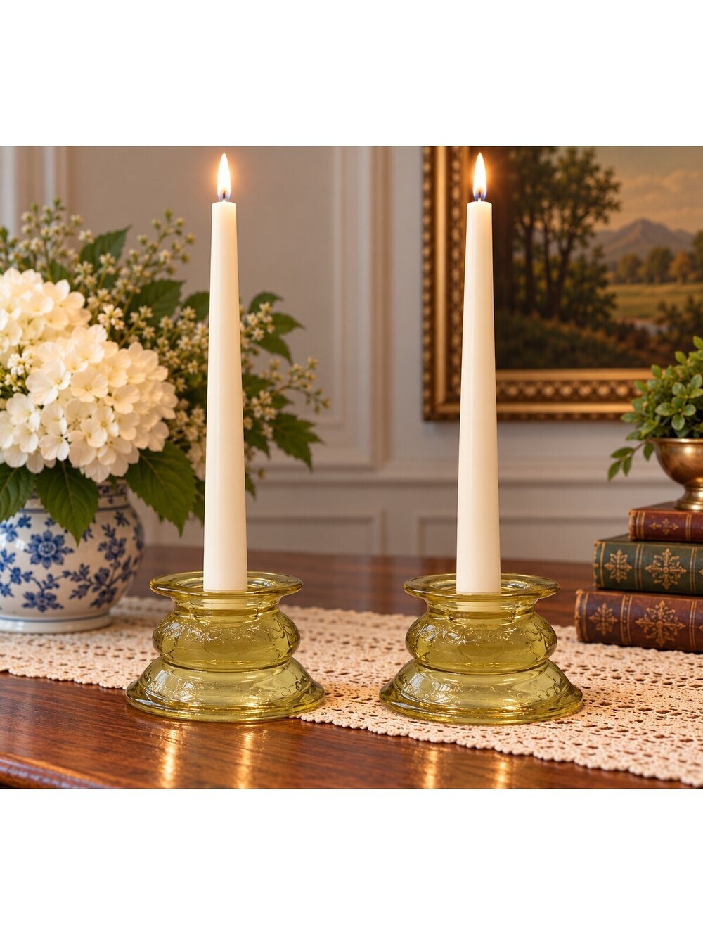 Vintage Federal Glass Recollection Madrid Yellow Candle Holders Pair 1970s